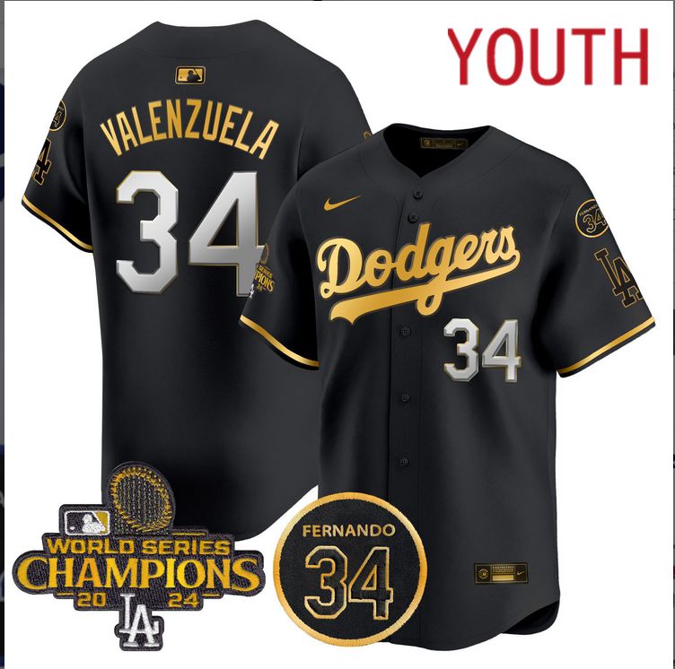 Youth MLB Los Angeles Dodgers 34 Valenzuela black 2024 World Series Champions Patch Limited Jersey